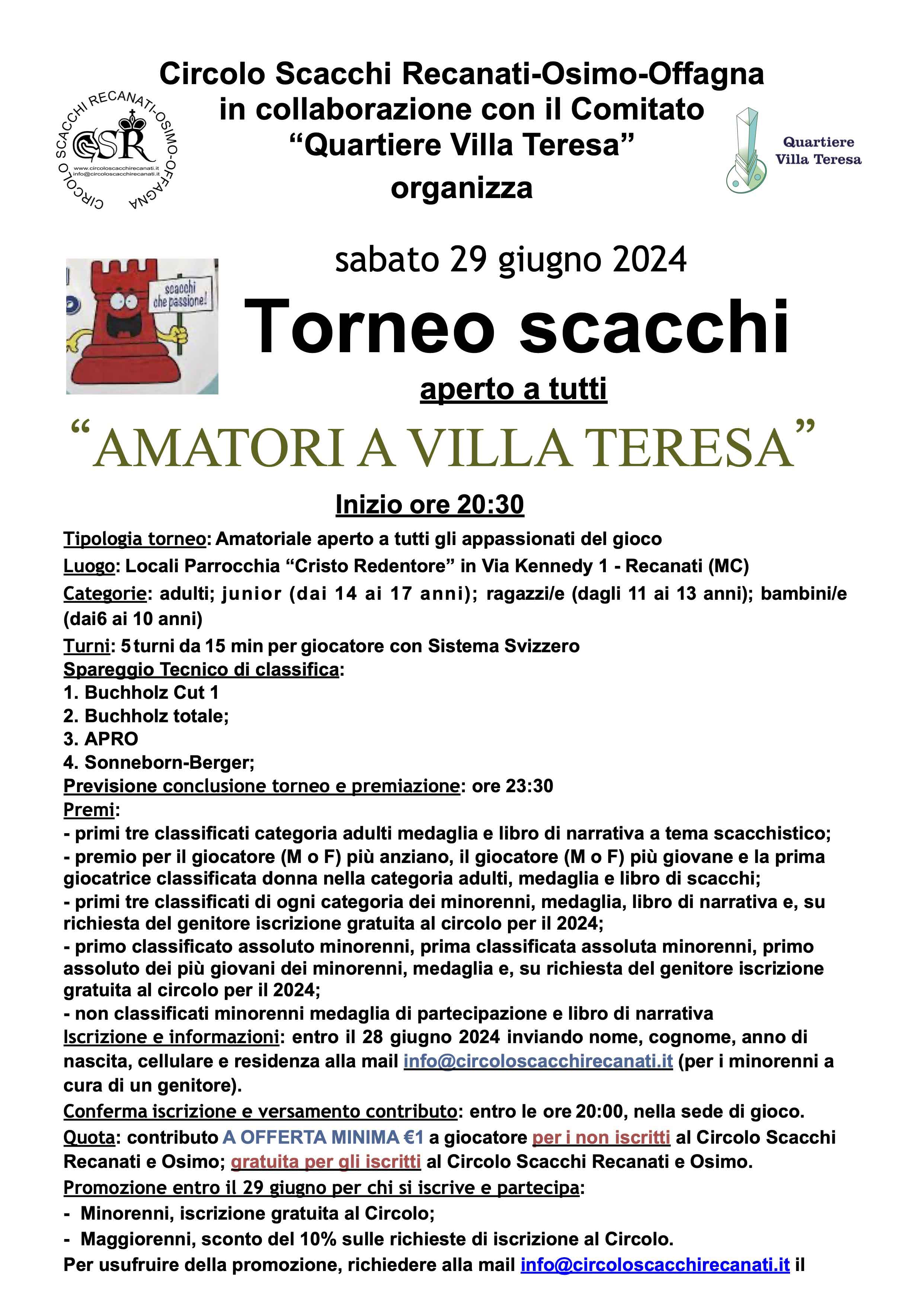 Volantino Torneo amatoriale scacchi 29 giugno 2024 a Villa Teresa