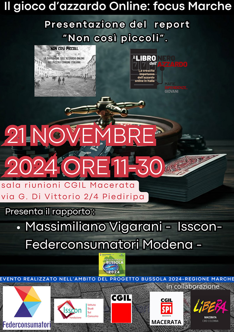 Invito evento il Gioco dazzardo online focus Marche 21 novembre 